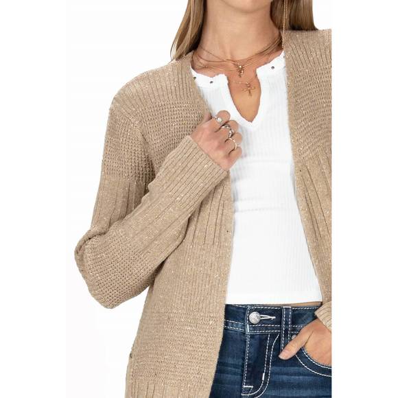 NEW MISS ME speckled knit long cardigan in multi beige - Picture 4 of 4